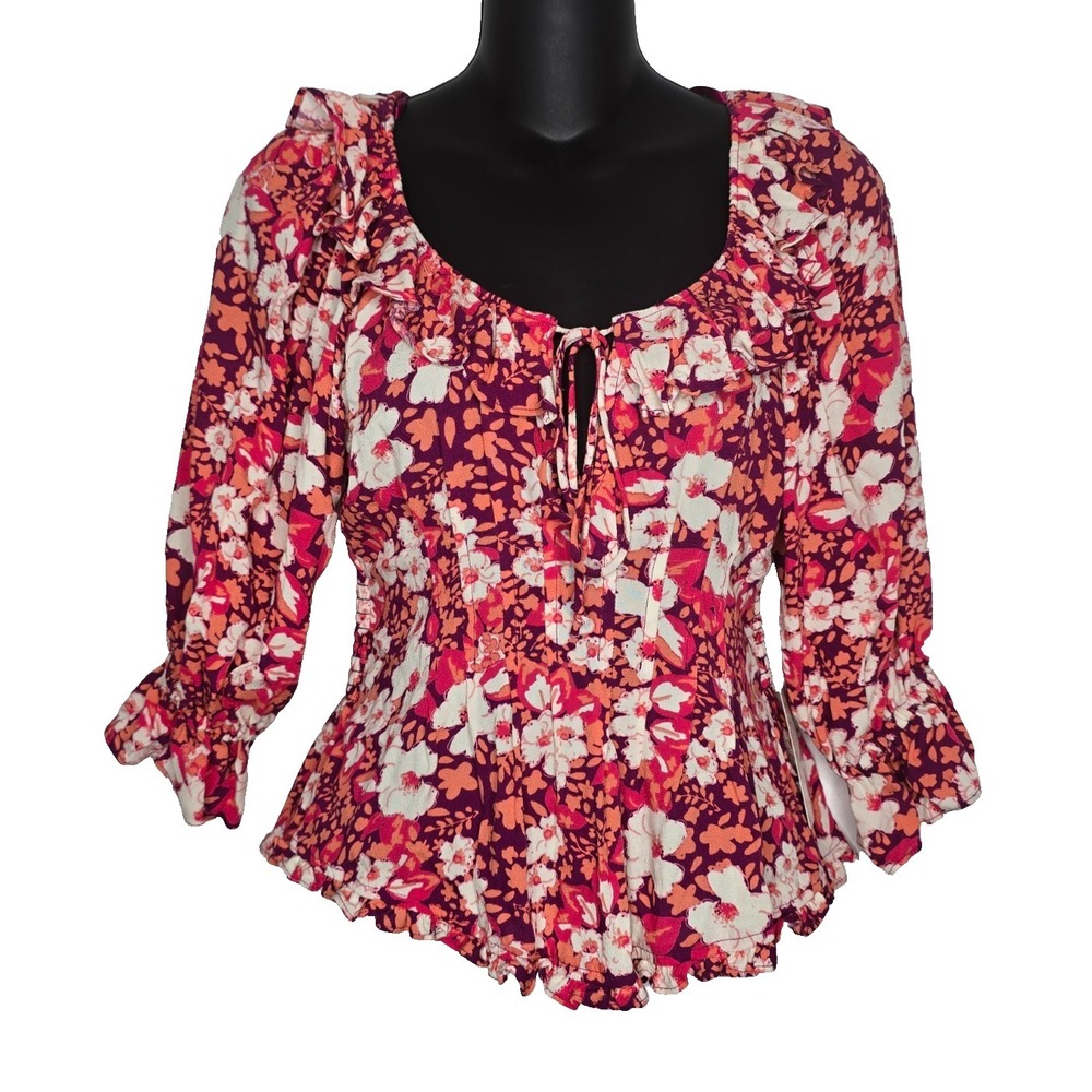 Free People Top XS Sweet Memories NEW Floral Ruffle Cottagecore Puff Sleeves $88